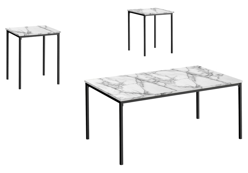 Contemporary 3pc Black Metal Coffee & End Table Set with White Marble Look Laminate