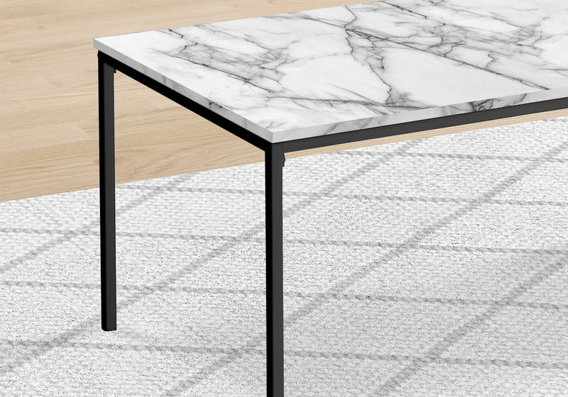 Ensemble de table basse et de bout contemporain en métal noir, 3 pièces, avec stratifié aspect marbre blanc
