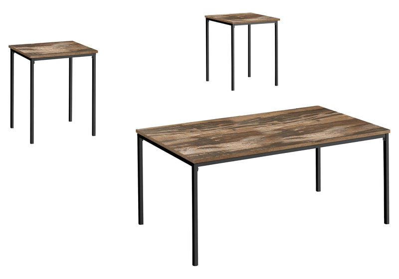 Modern 3pcs Coffee & End Table Set, Black Metal Frame, Brown Reclaimed Laminate