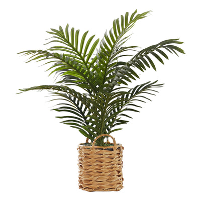 Palmier artificiel de 61 cm de haut – Toucher réel, verdure décorative d'intérieur dans un panier tissé beige.