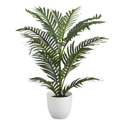 Palmier artificiel de 71,1 cm de haut : plante d'intérieur en faux sol, feuilles vertes au toucher réel, pot blanc.