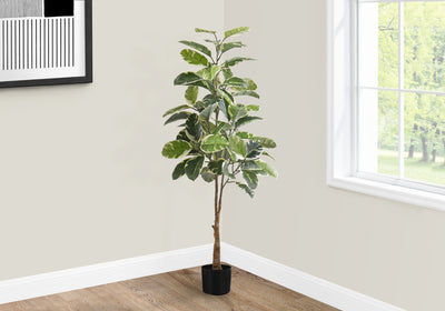 52" Tall Rubber Tree Artificial Plant - Indoor Faux Floor Greenery with Real Touch, Black Pot