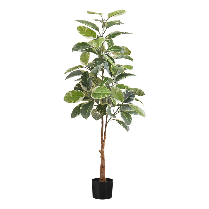 52" Tall Rubber Tree Artificial Plant - Indoor Faux Floor Greenery with Real Touch, Black Pot