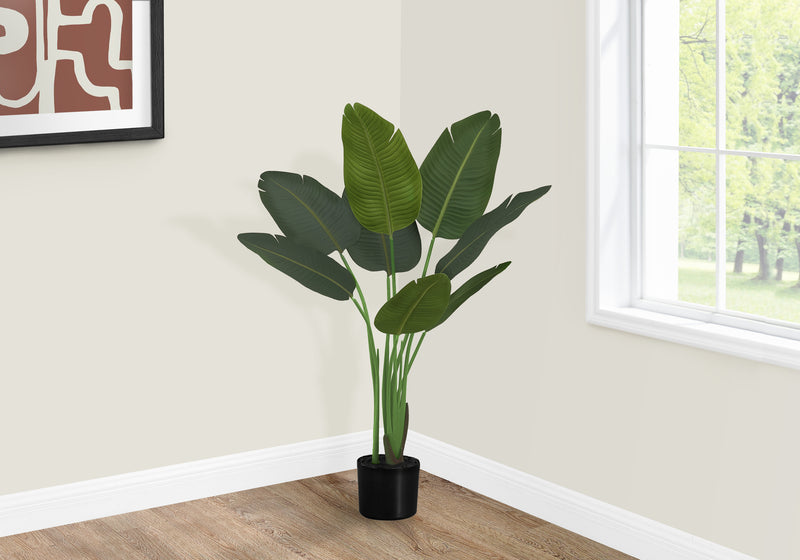 44" Tall Bird Of Paradise Tree: Faux Indoor Plant, Green Leaves, Black Pot