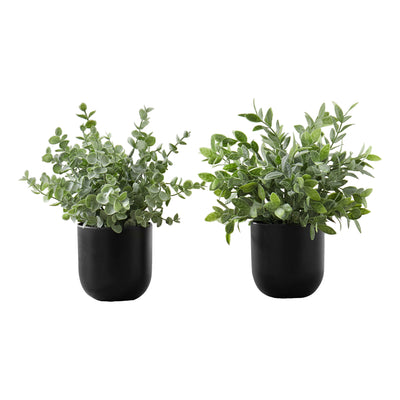 Set of 2 Faux Eucalyptus Grass Plants - 11" Tall, Indoor Table Decor, Green Leaves, Black Pots