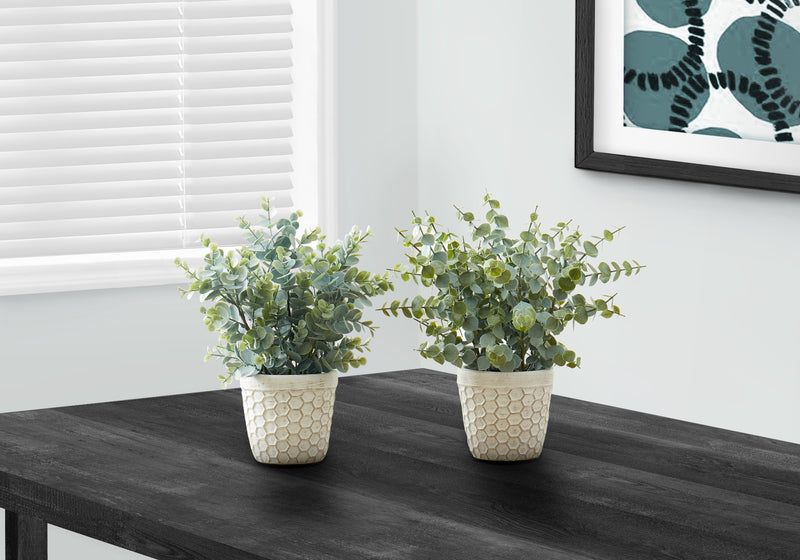 Set of 2 Eucalyptus Grass Artificial Plants - 13" Tall, Indoor Greenery, Faux, White Pots