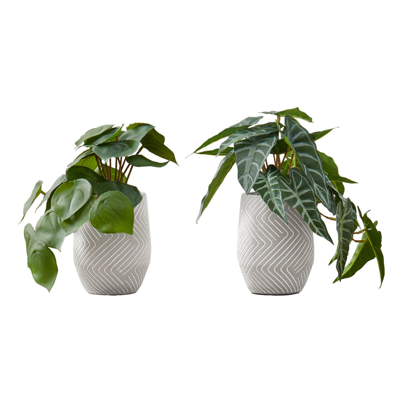 Ensemble de 2 fausses plantes Alocasia - 8" de haut, décor de table intérieure, feuilles vertes, pots en ciment blanc