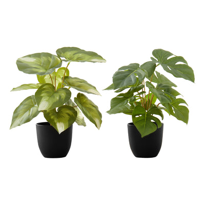 Faux Monstera Calthea Plant Set - 13" Tall, Indoor Table Decor, Potted Greenery, Black Pots (2-Pack)