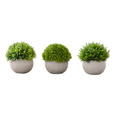 Set of 3 Faux Greenery Potted Plants - 5" Tall Indoor Artificial Grass in Grey Pots