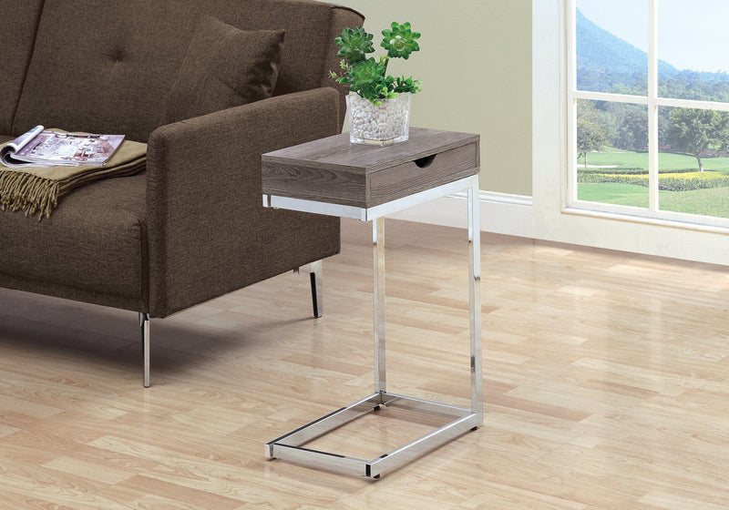 Accent Table - Chrome Metal / Dark Taupe With A Drawer - I 3254