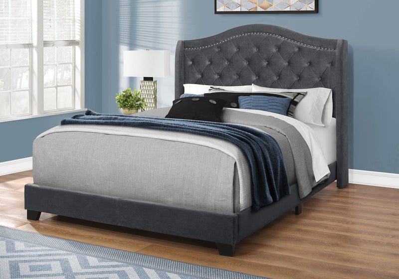 Bed - Queen Size / Dark Grey Velvet With Chrome Trim - I 5968Q