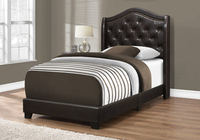 Bed - Twin Size / Brown Leather-Look With Brass Trim - I 5969T