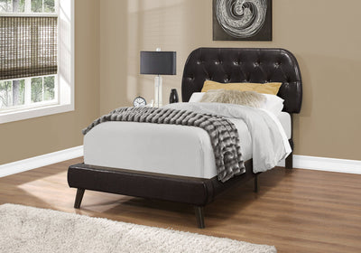 Bed - Twin Size / Brown Leather-Look With Wood Legs - I 5982T