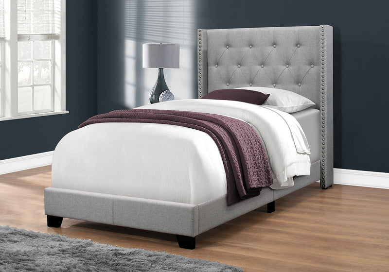 Bed - Twin Size / Grey Linen With Chrome Trim - I 5984T