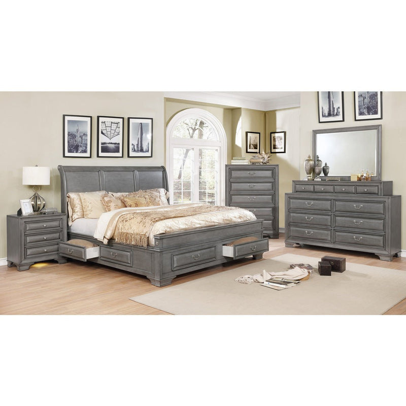 Grey queen bed with storage