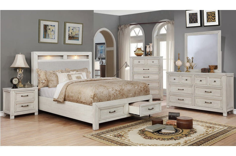 White Darcy Bedroom with Upholstered Headboard & LED Lights - MA-1700W-7PcsQ