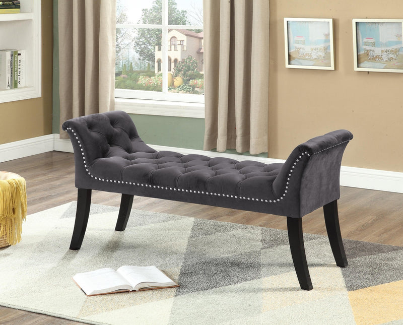 Grey Velvet Bench with Deep Tufting and Nail Head Details - IF-6230
