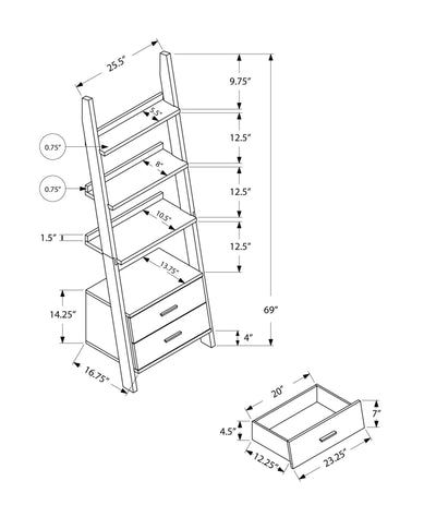Bookcase - 69"H / Dark Taupe Ladder W/ 2 Storage Drawers - I 2538