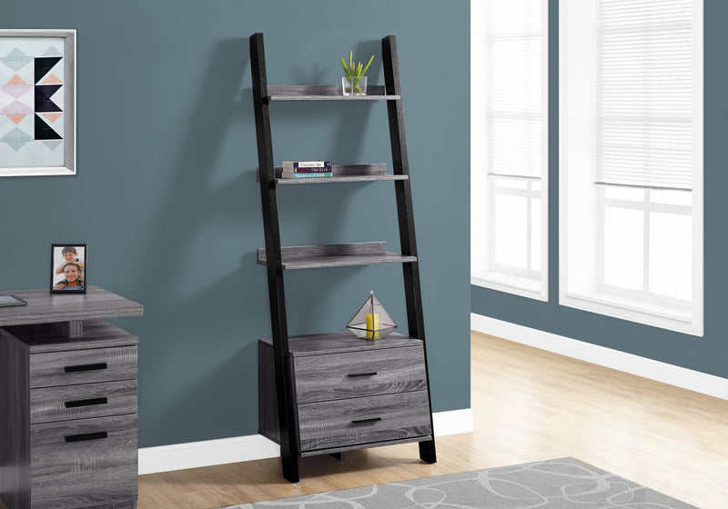 Bookcase - 69"H / Grey-Black Ladder With 2 Storage Drawer - I 2755