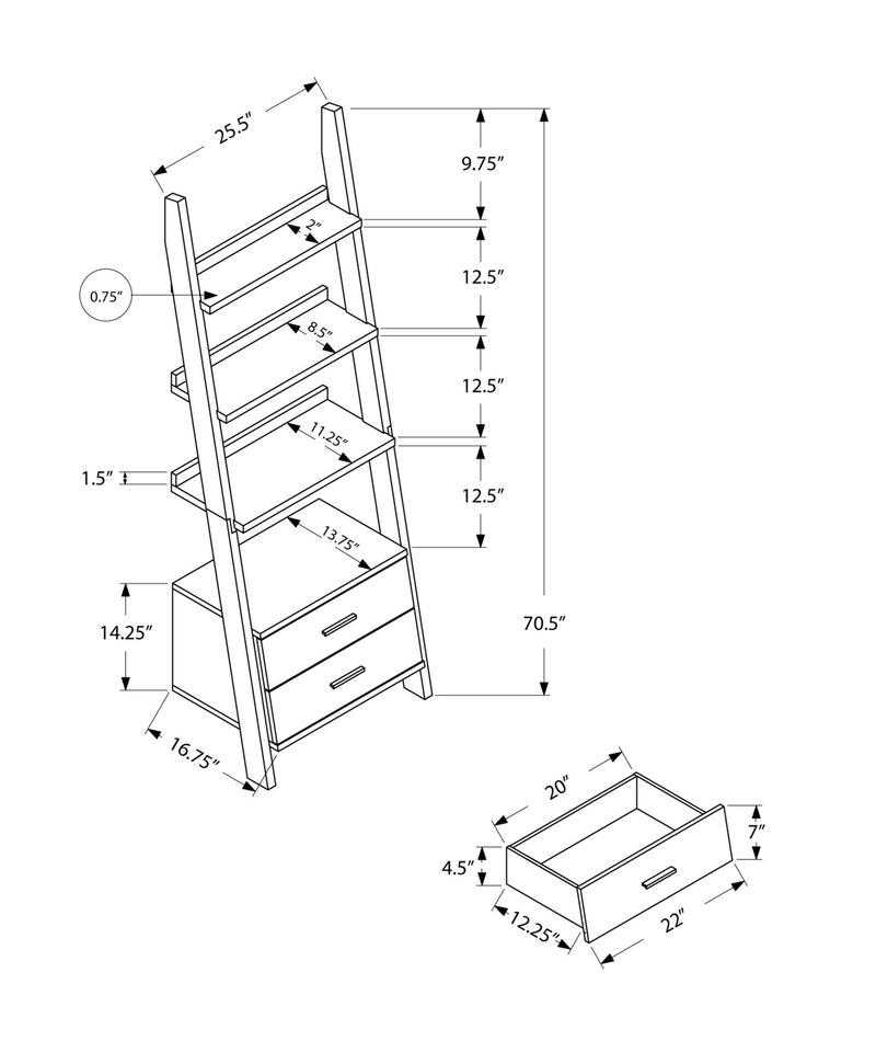 Bookcase - 69"H / Grey-Black Ladder With 2 Storage Drawer - I 2755