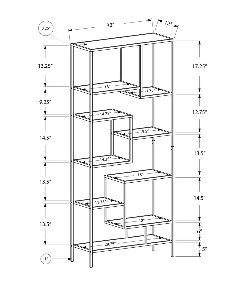 Bookcase - 72"H / Silver Metal With Tempered Glass - I 7158