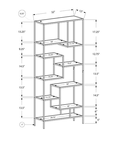 Bookcase - 72"H / White Metal With Tempered Glass - I 7159