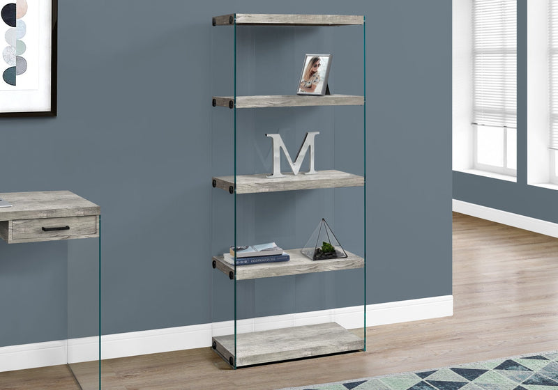 60"H Grey Reclaimed Wood-Look /Glass Panels Bookcase - I 7442