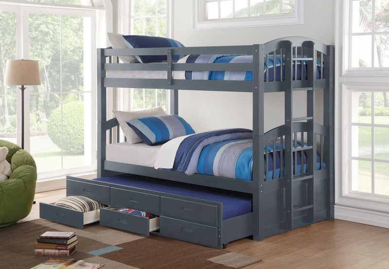 Grey Bunk Bed w/ Pull-Out Trundle Bed and 3 Storage Drawers - IF-B-1841