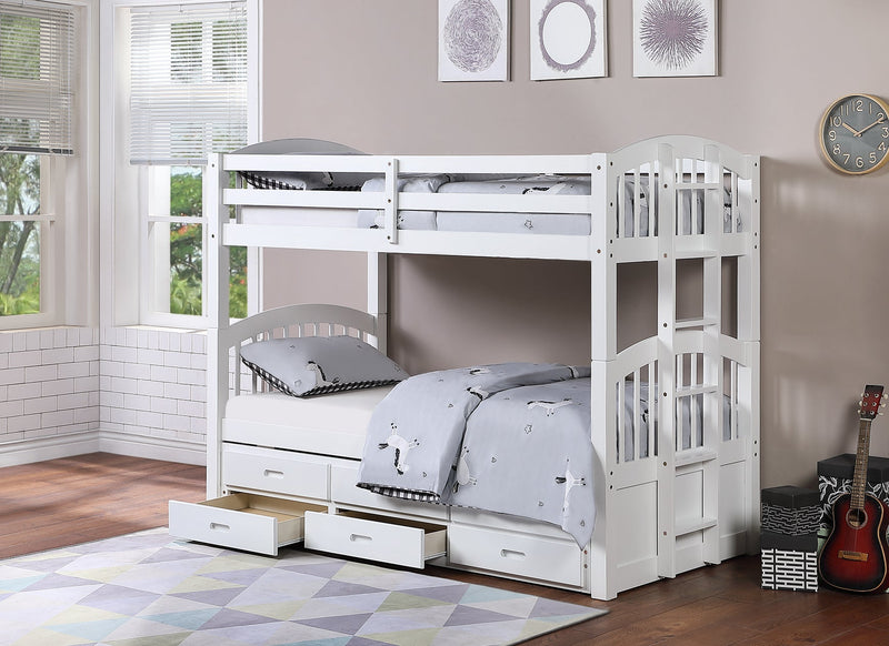 White Bunk Bed w/ Pull-Out Trundle Bed and 3 Storage Drawers - IF-B-1842