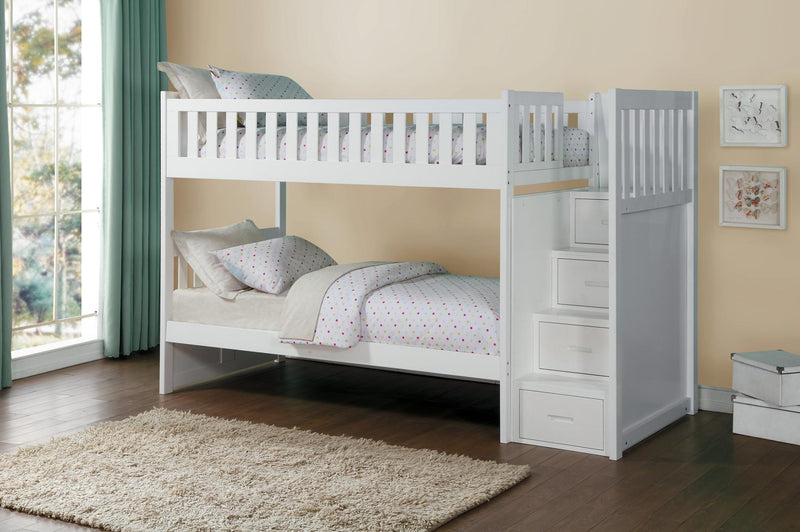 Twin/Twin Staircase White Bunkbed with Bedroom Furniture Options - MA-B2053SBW