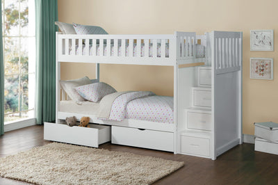 Twin/Twin Staircase White Bunkbed with Bedroom Furniture Options - MA-B2053SBW+MA-B2053W-T