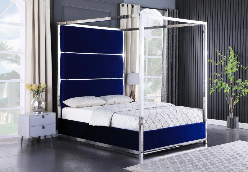 Madison Pillar Blue Velvet Canopy Bed - IN-Madison-BLU-Q