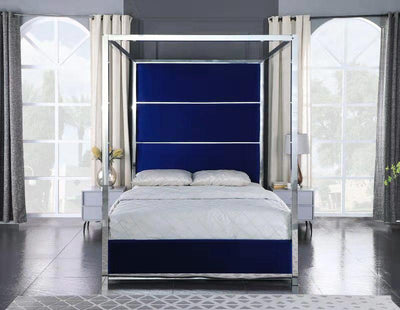 Madison Pillar Blue Velvet Canopy Bed - IN-Madison-BLU-Q