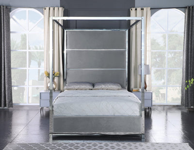 Madison Pillar Grey Velvet Canopy Bed - IN-Madison-GRY-Q
