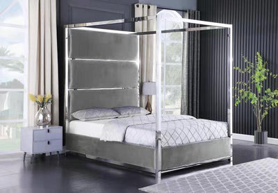 Madison Pillar Grey Velvet Canopy Bed - IN-Madison-GRY-Q