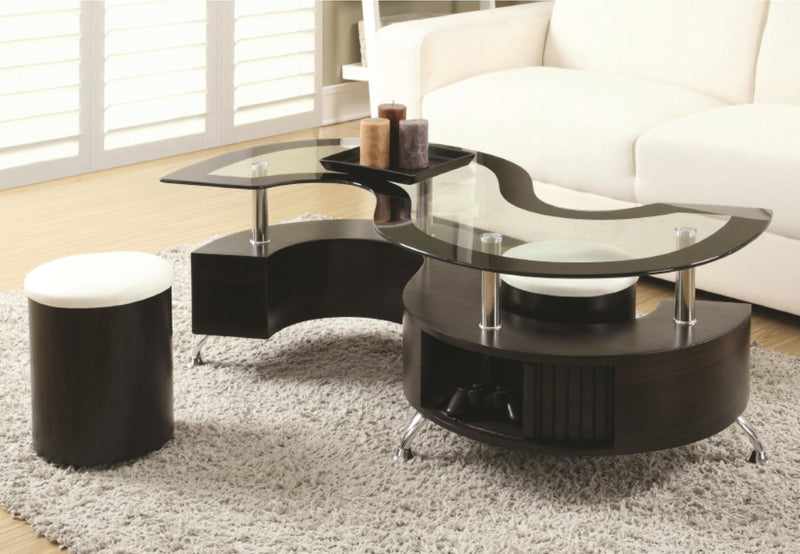 Unique Tempered Glass Coffee Table Set with Matching Stools and Internal Storage - IF-2050