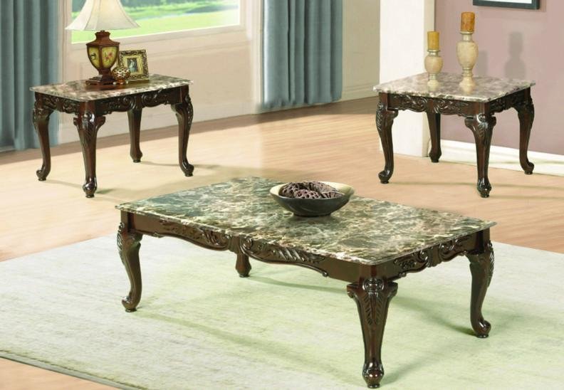 Light Marble Coffee Table Set with Antique Engraved Design - IF-2070