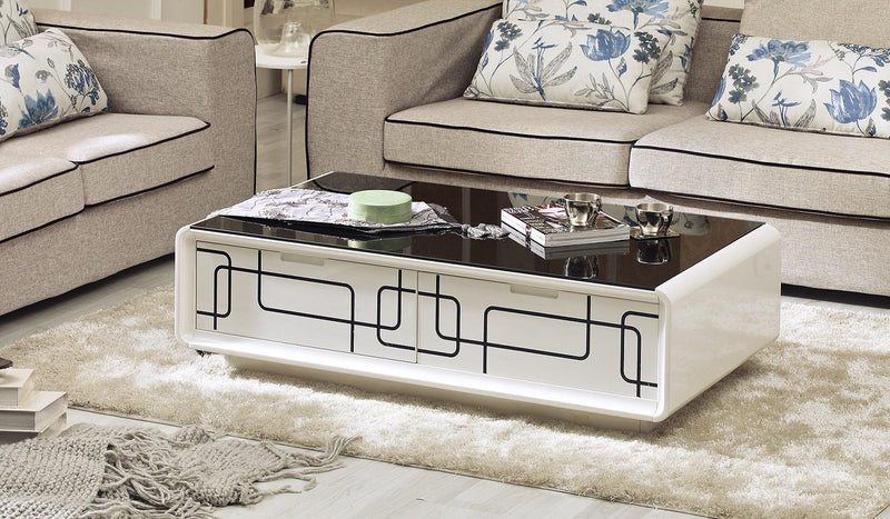 High Gloss White Lacquer Coffee Table with 2 Drawers and a Glass Top - ME-709