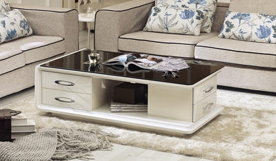 High Gloss White Lacquer Coffee Table with 4 Drawers and a Glass Top - ME-749