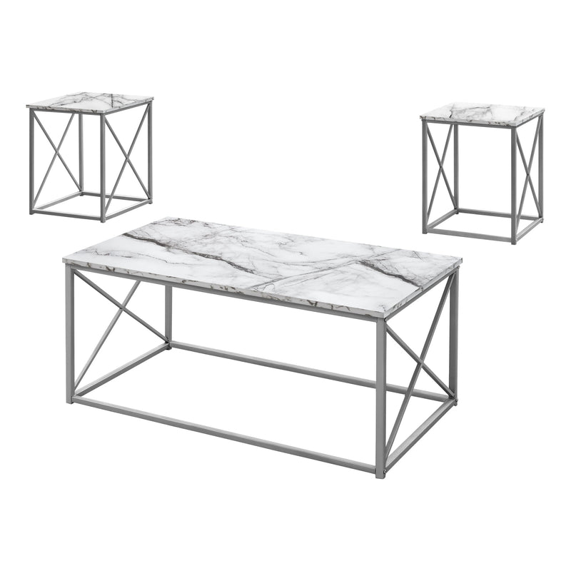 Table Set - 3Pcs Set / White Marble / Silver Metal - I 7953P