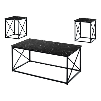 Table Set - 3Pcs Set / Black Marble / Black Metal - I 7954P
