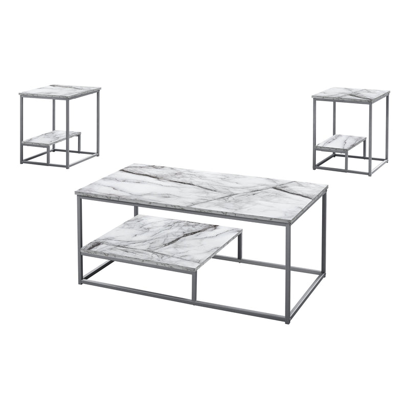 Table Set - 3Pcs Set / White Marble / Silver Metal - I 7963P
