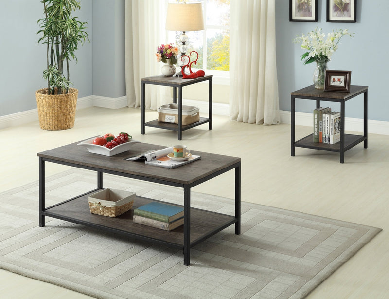 Distressed Wooden Coffee Table Set with Lower Shelves on Metal Base - IF-2008