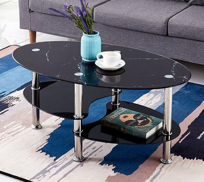 Black Marble Glass Coffee Table with Chrome Legs - IF-2028