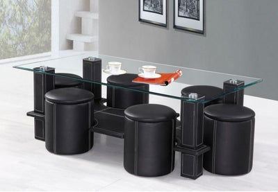 7 Piece Black Leatherette Tempered Glass Coffee Table Set With Contrast Stitching Details - IF-2056