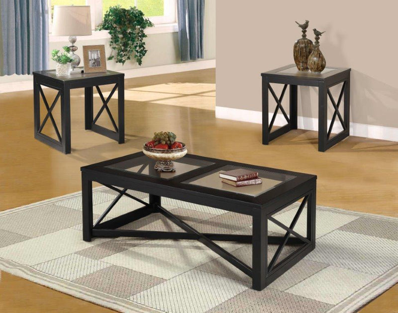 Espresso Wood Coffee Table Set with Glass Top and X-Skirts - ME-799-3PCS