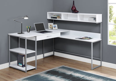 Computer Desk - White / Silver Metal Corner - I 7162