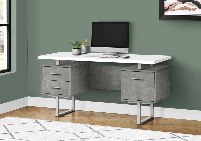 Computer Desk - 60"L / White/ Grey Concrete/ Silver Metal - I 7633