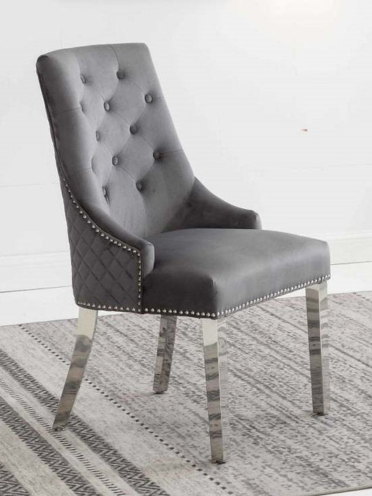 Grey Velvet Dining Chair with Deep Tufting and Lion Knocker - IF-C-1250