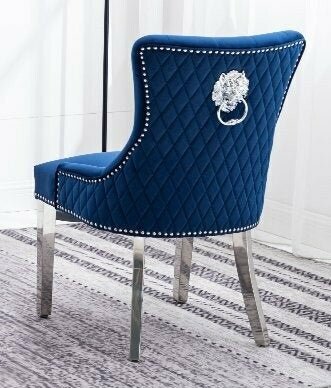 Blue Velvet Dining Chair with Deep Tufting and Lion Knocker - IF-C-1252